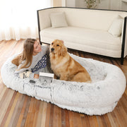 Yaem Human & Dog Bed For People & Pets - Orthopedic Washable Faux Fur Oval Pet Bed With Plump Pillow & Blanket, Non-Slip Bottom & Storage Bag, Grey - Fits Medium/Large/Small Dogs, Cozy Nap Spot, Co...