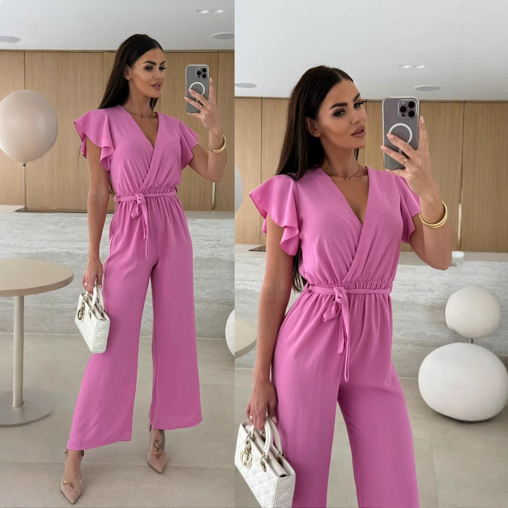 Chic V-Neck Lace-Up Waist Straight-Leg Jumpsuit