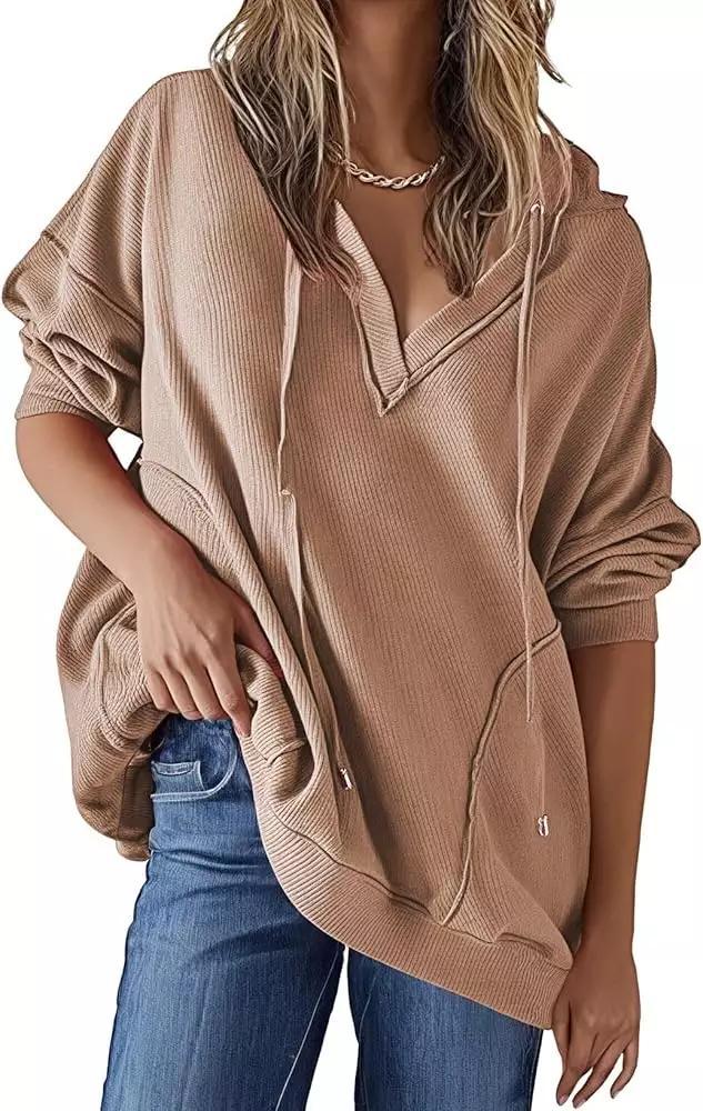 Women's V-Neck Waffle Knit Long-Sleeve Hoodie