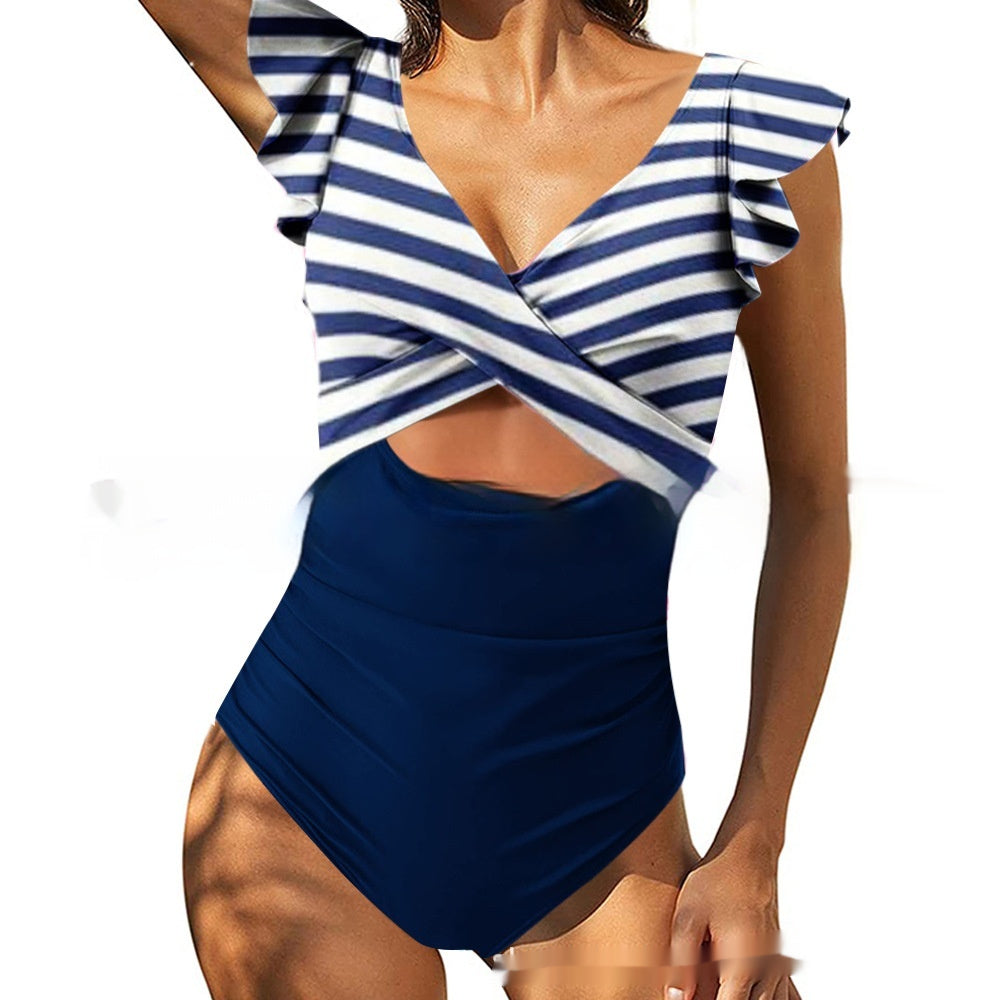 Color Block Flounce Tummy Control One-Piece Swimsuit