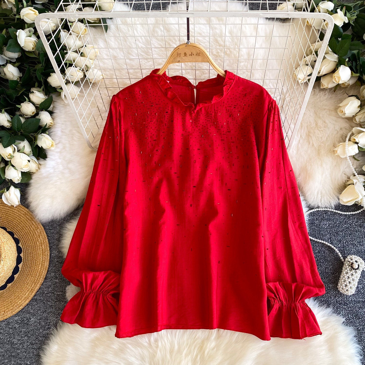 French-style Soft Romance Ruffle-trimmed Beaded Long-sleeve Shirt