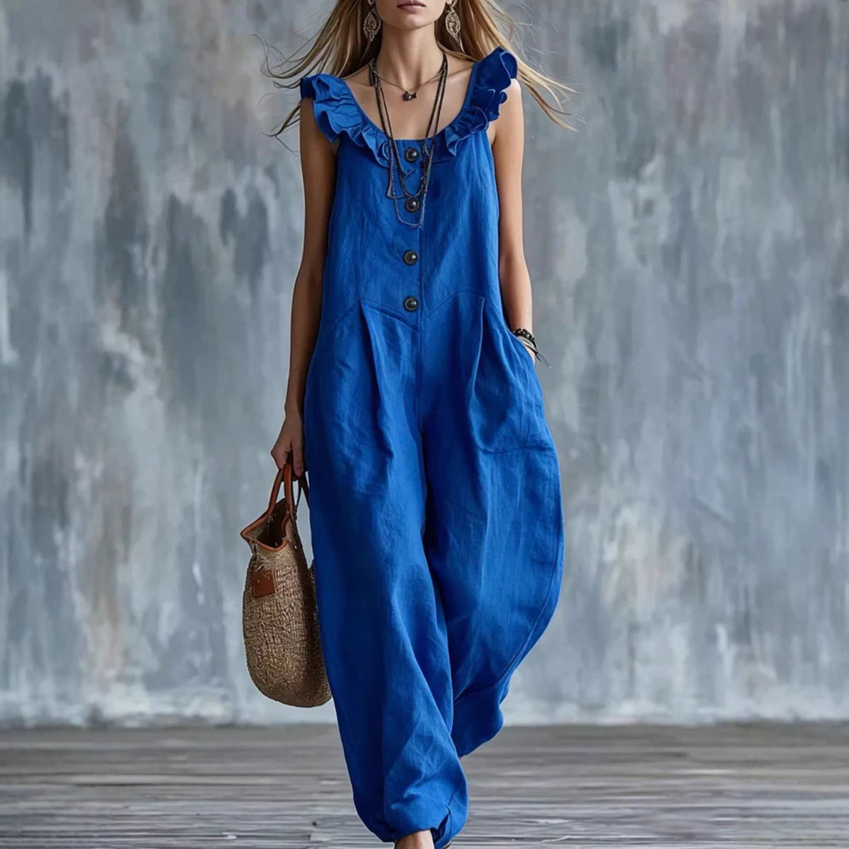 Womens Solid-Colored Sleeveless Button-Down Jumpsuit