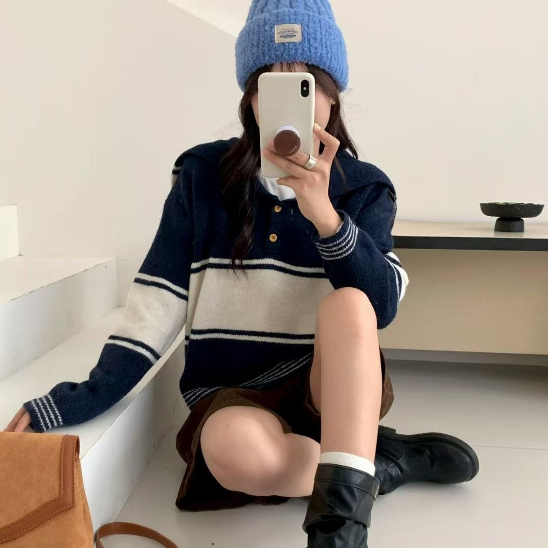 Color-block Striped Nautical-style Oversized Lapel Sweater for Women Autumn and Winter