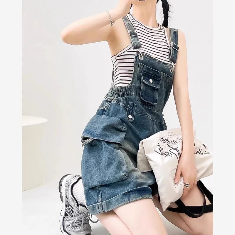 Vintage Denim Overalls Short Romper for Women