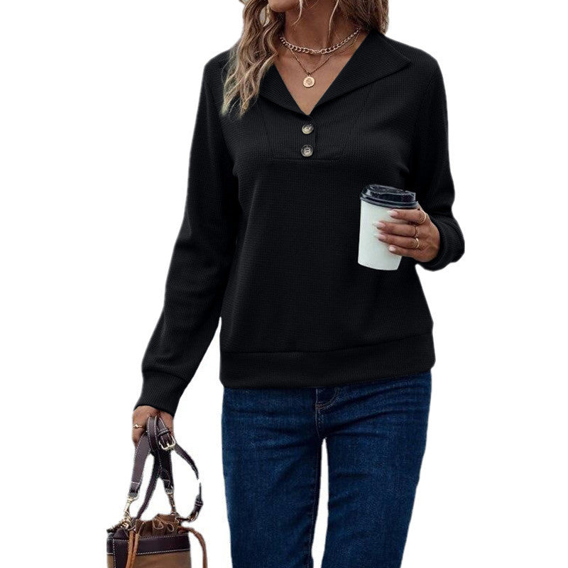 Casual Women's Waffle Collar Solid Single Breasted Long Sleeve Women