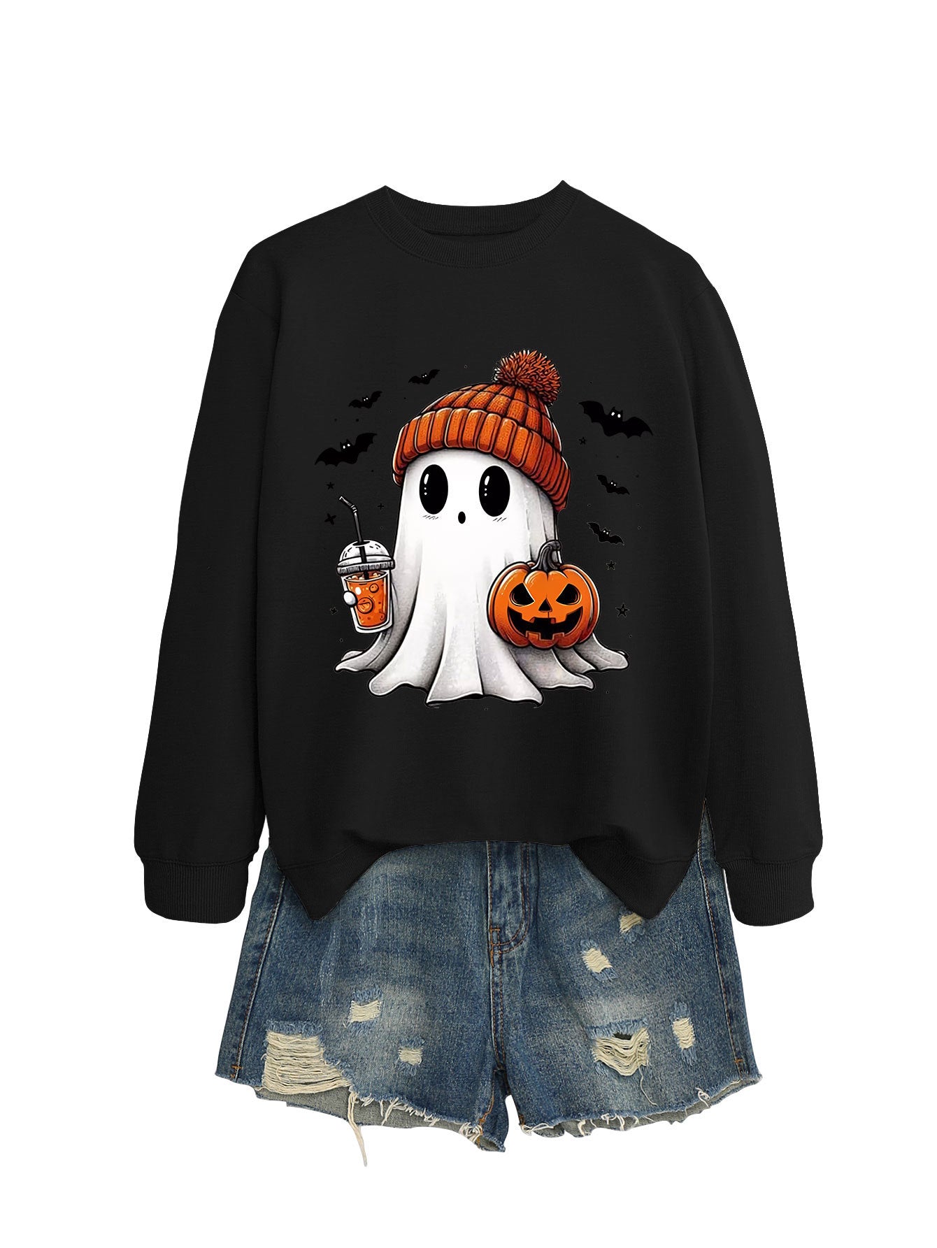Pumpkin Print Long Sleeve Crew Neck Sweatshirt