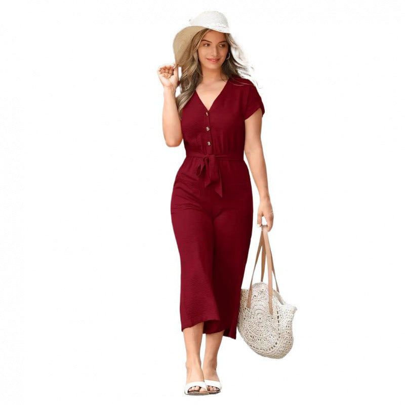 V-neck Fashionable Short-sleeve Belted Jumpsuit