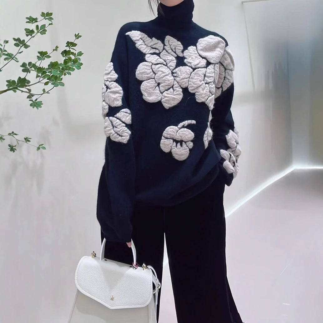 Three-dimensional Flower Jacquard Turtleneck Retro Loose Knitted Sweater