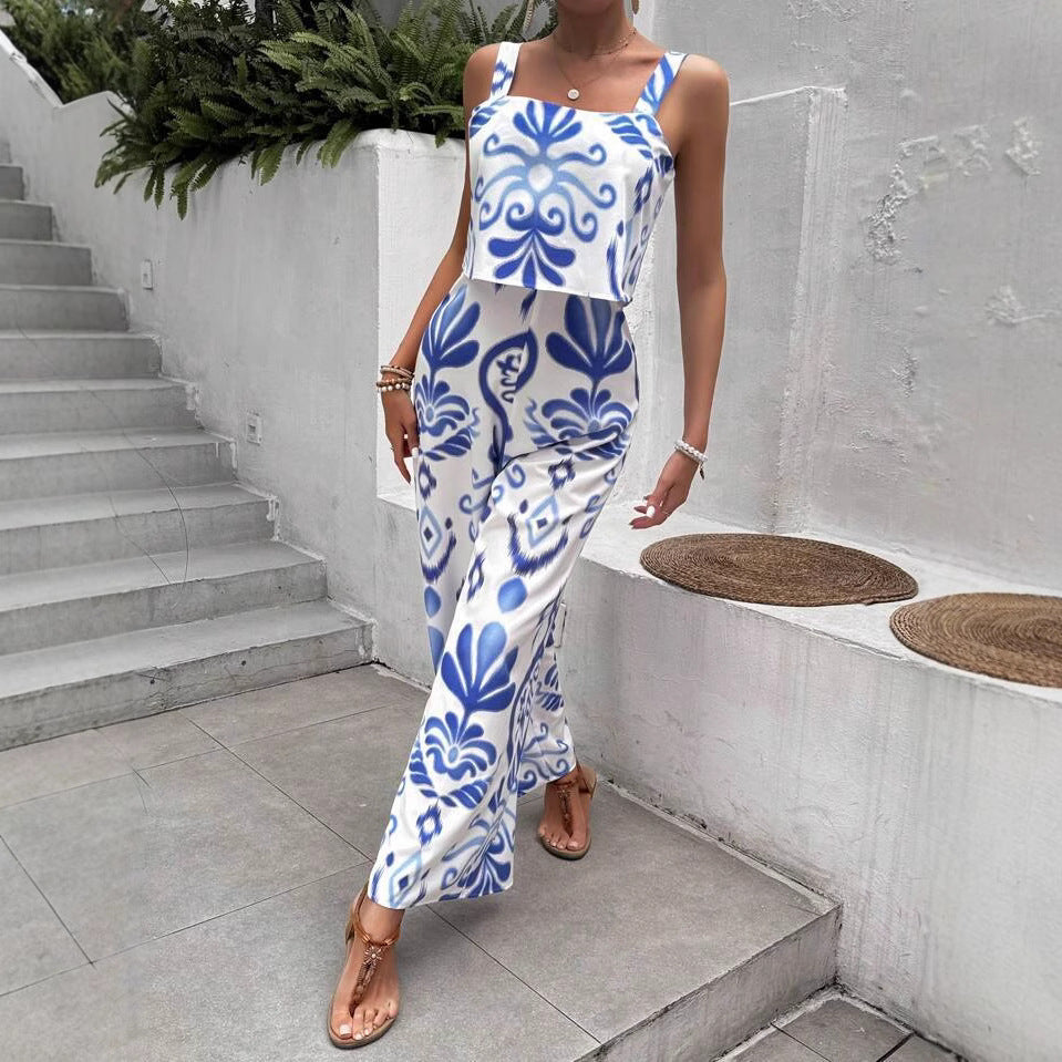 Fashionable Printed Summer Double-Layer Vest Jumpsuit With Loose Trousers