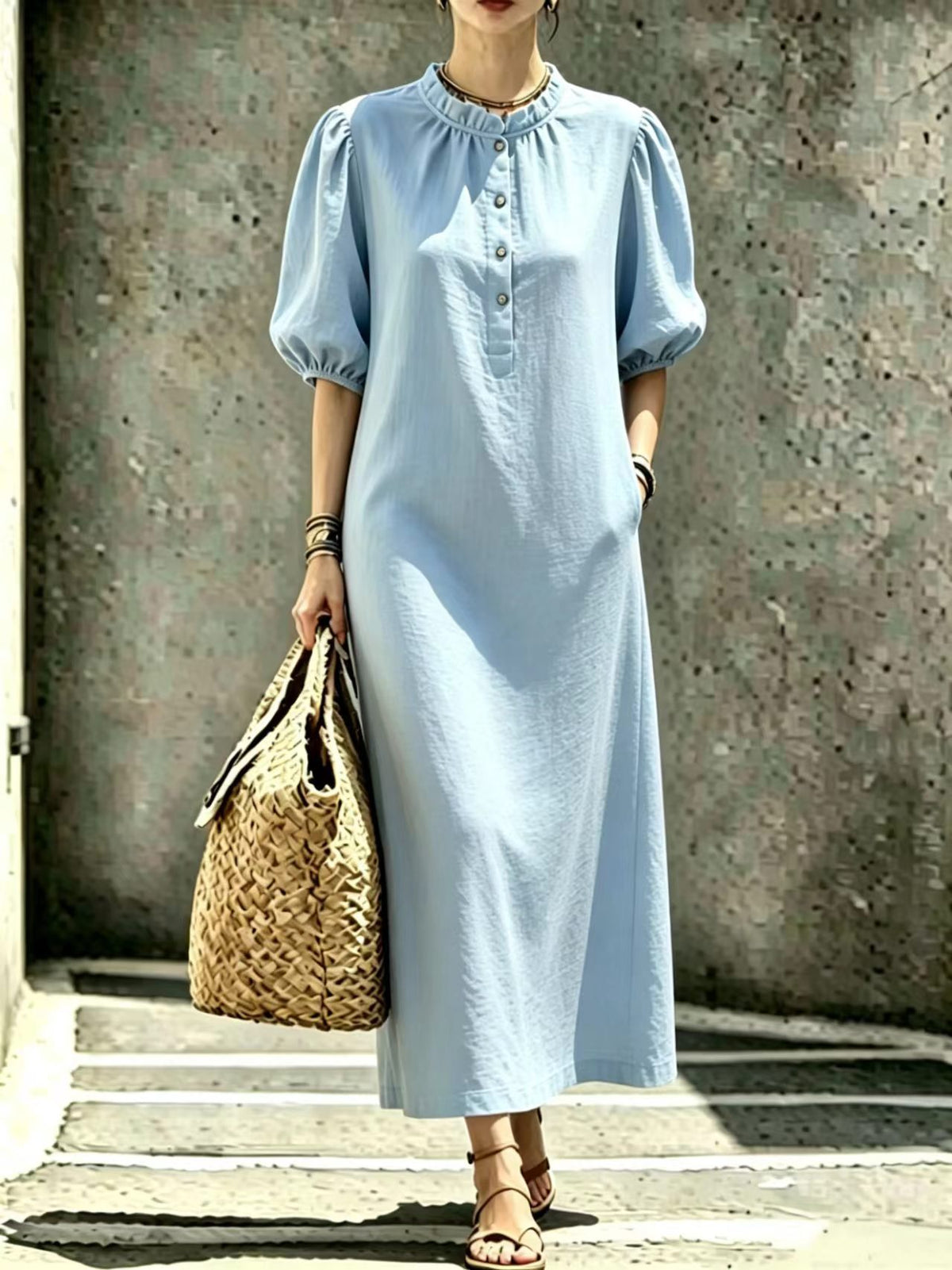 Womens Solid-color Stand-collar Puffed-sleeve Straight Dress
