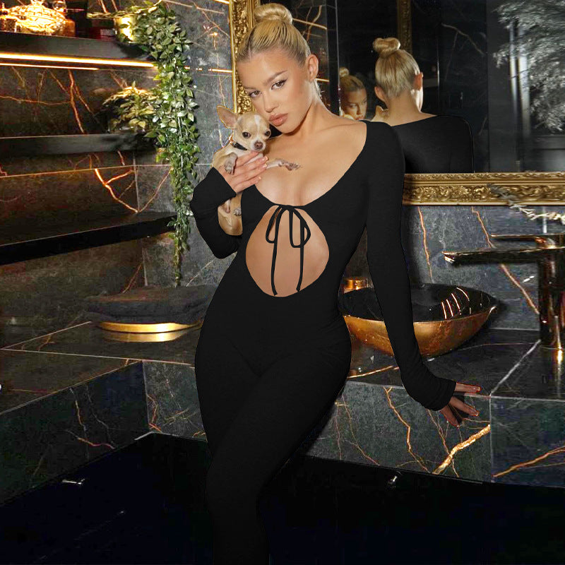 Slim-Fit Long Sleeve Chest Hollow Jumpsuit