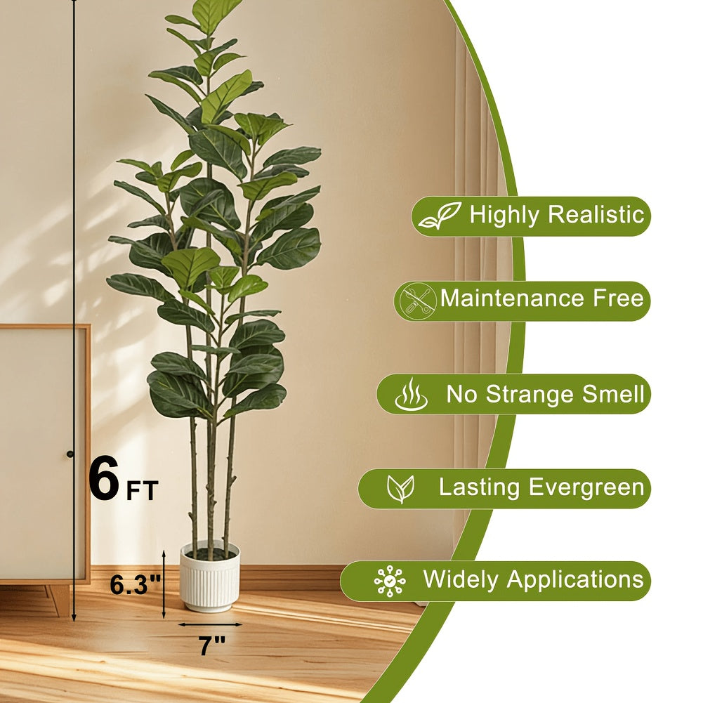 Large faux dracaena tree with white planter and moss finish