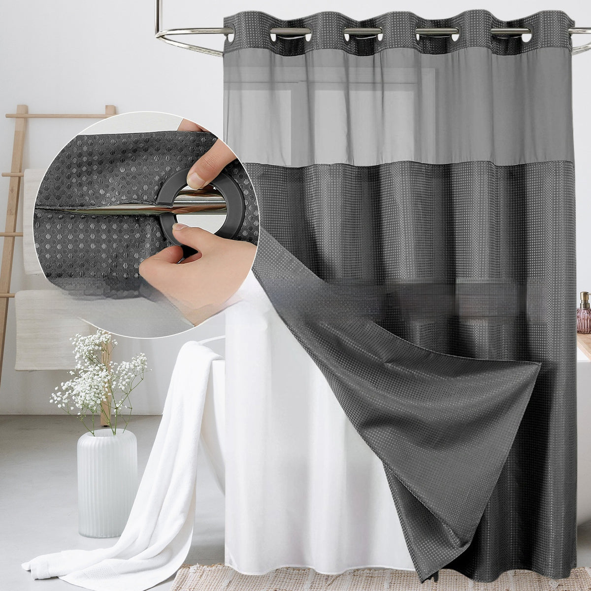 Solid-color Waffle-patterned Double-layer Large-loop-lined Shower Curtain