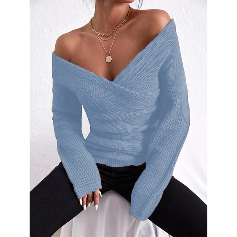 Crew-neck Off-shoulder Casual Cross-over Fitted Knit Sweater