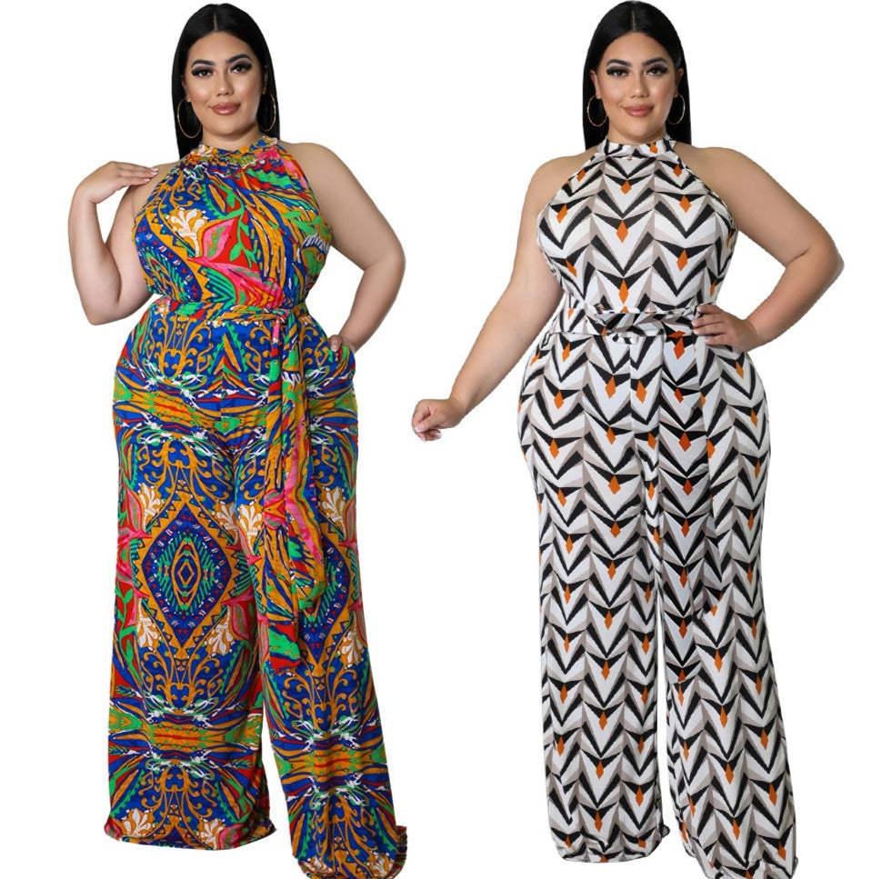 Plus Size Halterneck Printed Jumpsuit with Belt