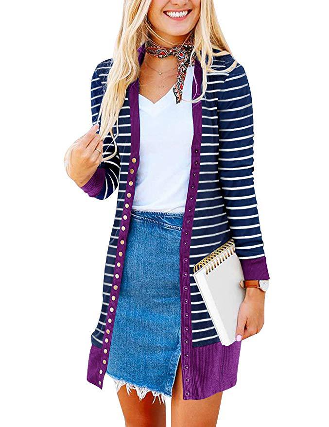 Plus Size Striped Mid-Length Cardigan Sweater