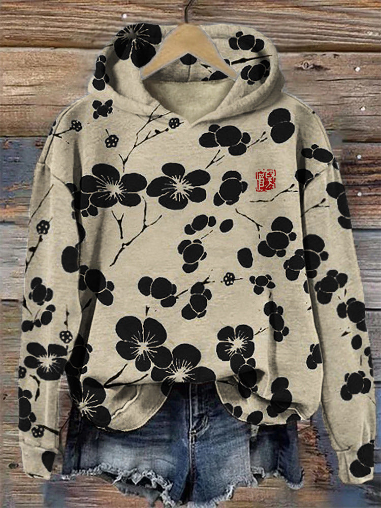 Plus Size Plum Blossom Hooded Casual Pullover