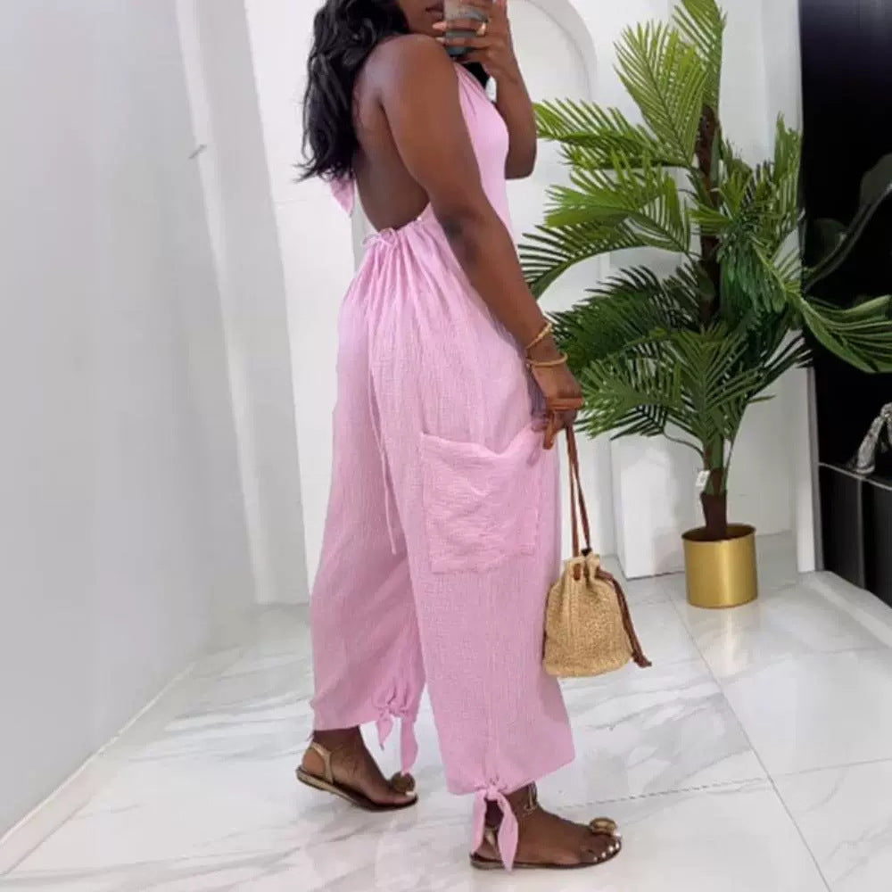 Casual Backless Halter Patch Pocket Jumpsuit Romper
