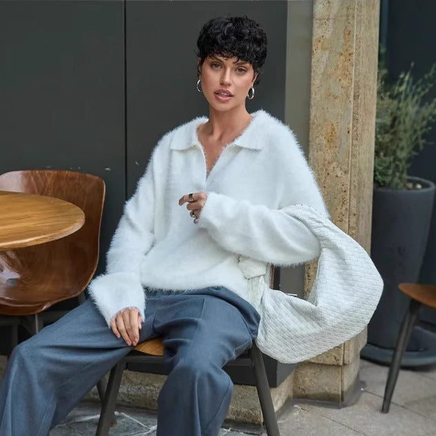 Womens Autumnwinter Mock Mink-feel Knitted Turtleneck Sweater in a Relaxed Plus-size Fit