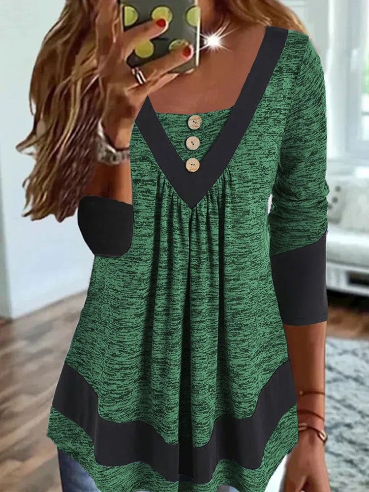 Casual V-neck Long Sleeve Loose Pullover Contrast Color Digital Printing T-shirt