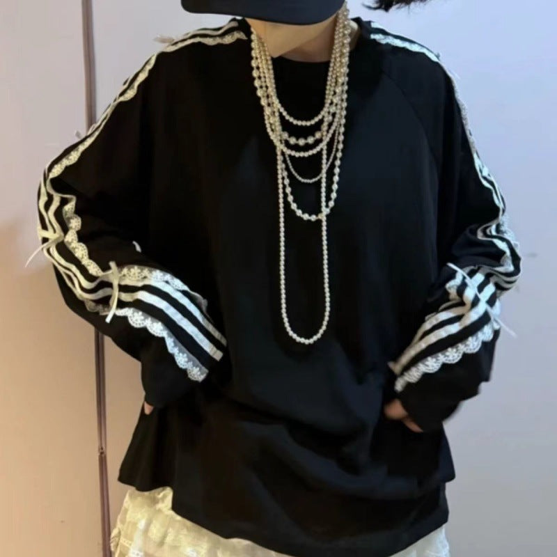 Chic Lace-Trim Bow Long Sleeve Top