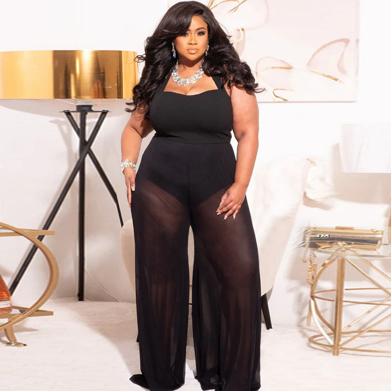 Women's Plus-Size Sheer Wide-Leg Jumpsuit