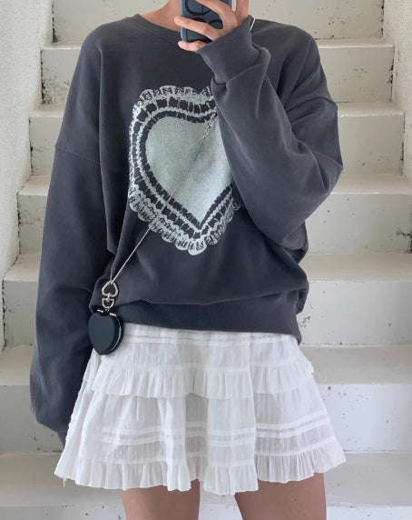Cozy Heart Print Long Sleeve Crew Neck Sweatshirt