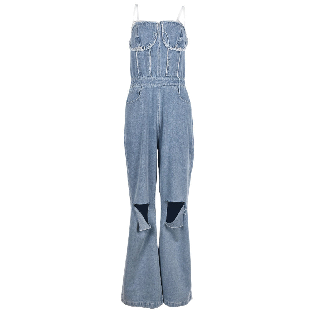 Women's V-Neck Denim With Hole Zip Pocket Jumpsuit
