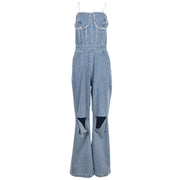 Women's V-Neck Denim With Hole Zip Pocket Jumpsuit