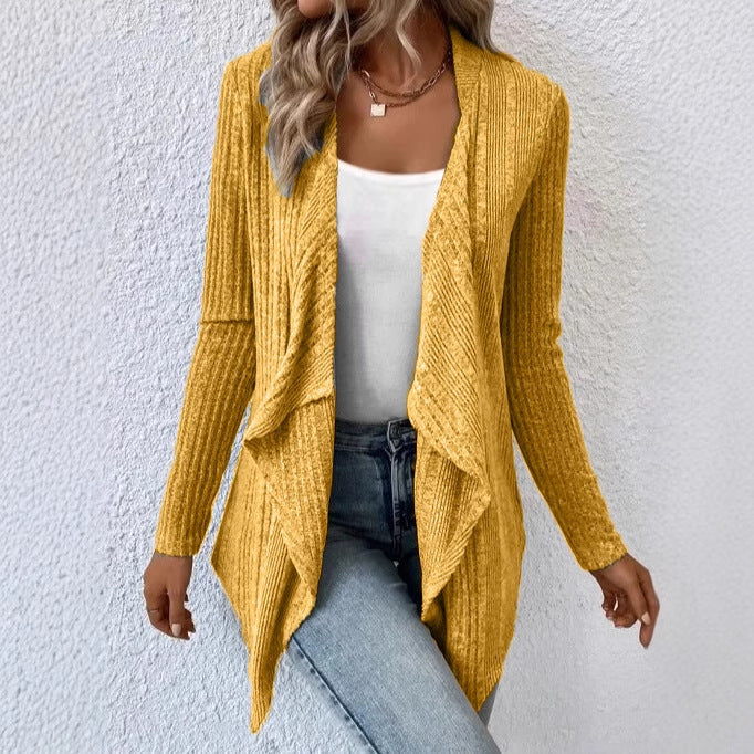 Solid Color Fashionable Ribbed Knitted Cardigan Long Sleeve Sweater