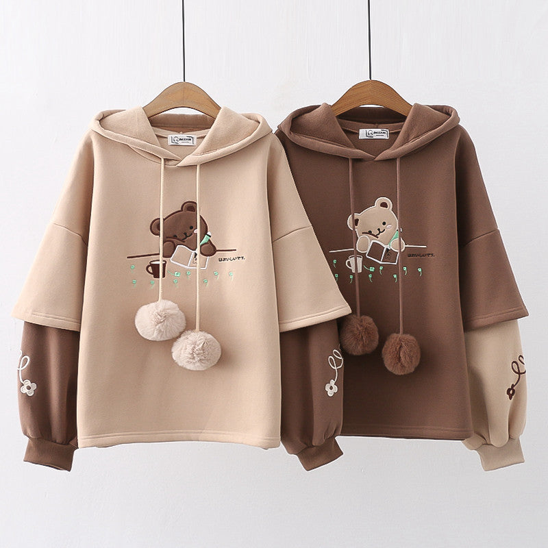 Fleece-Lined Embroidered Bear Winter Pullover Hoodie