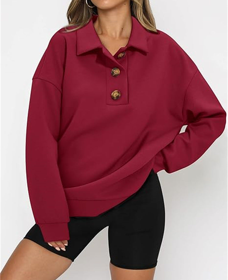 Cozy Solid Color Polo Collar Loose Long Sleeve Sweatshirt