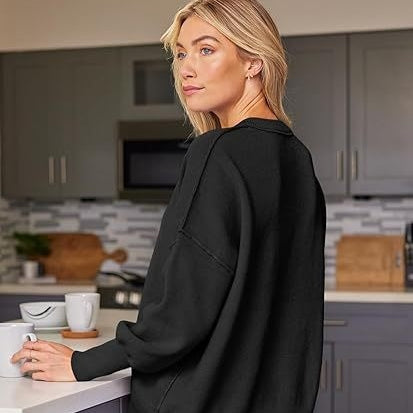 Thick Needle Side Slit Sweater Round Neck Loose Solid Color Batwing Long Sleeve Sweater for Women