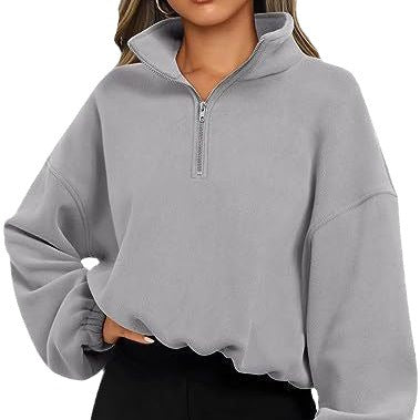 Women's Half Zipped Stand Collar Drawstring At Hem Polar Fleece Autumn Winter Sweater