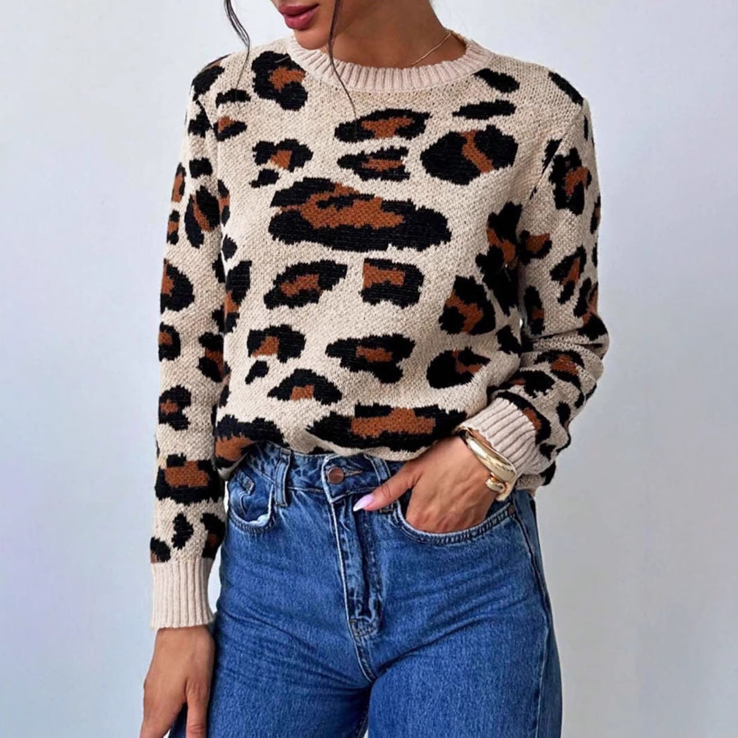 Round Neck Retro Commute Leisure Contrast Color Leopard Print Pullover Sweater