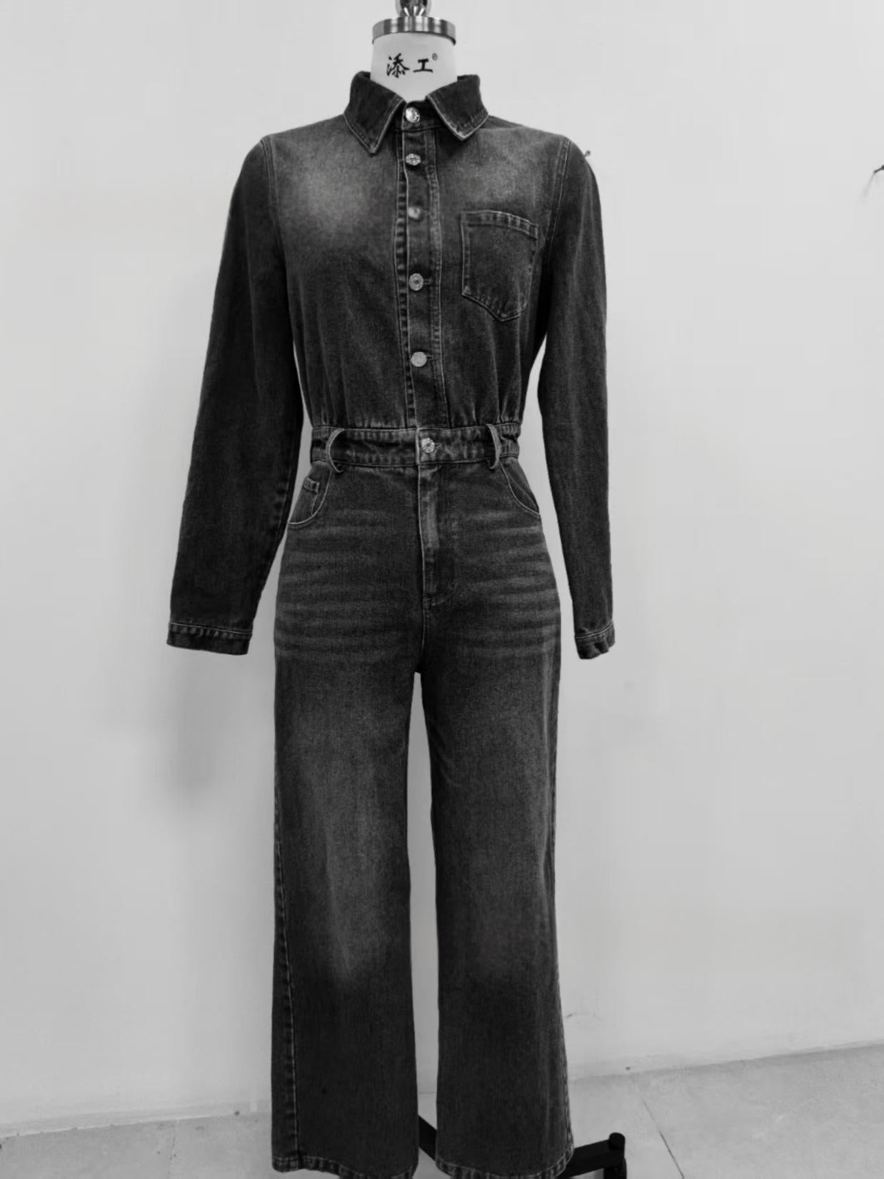 Women's Stylish Denim Long Jumpsuit with Turn-Down Collar