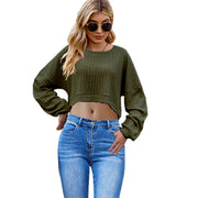 Chic Stripe Knitted Crop Top with Long Batwing Sleeves