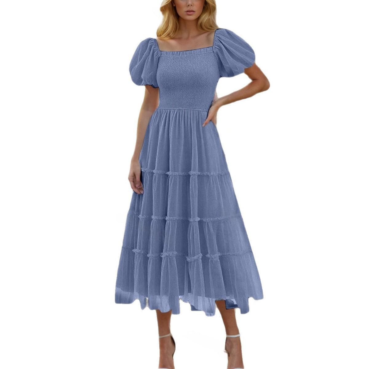 Square-neck Ruffled Casual Sheer Long Dress