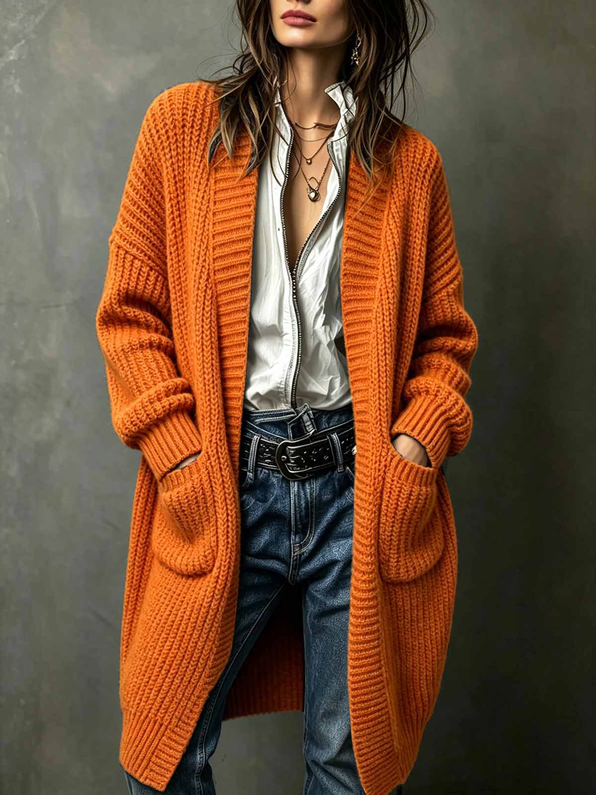Western-style Breezy Pocket Cardigan Sweater