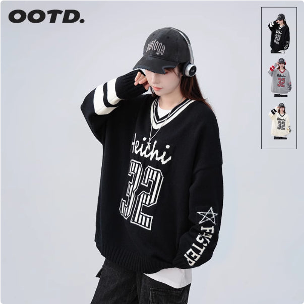Contrast Color Digital Print Loose Pullover Sweater