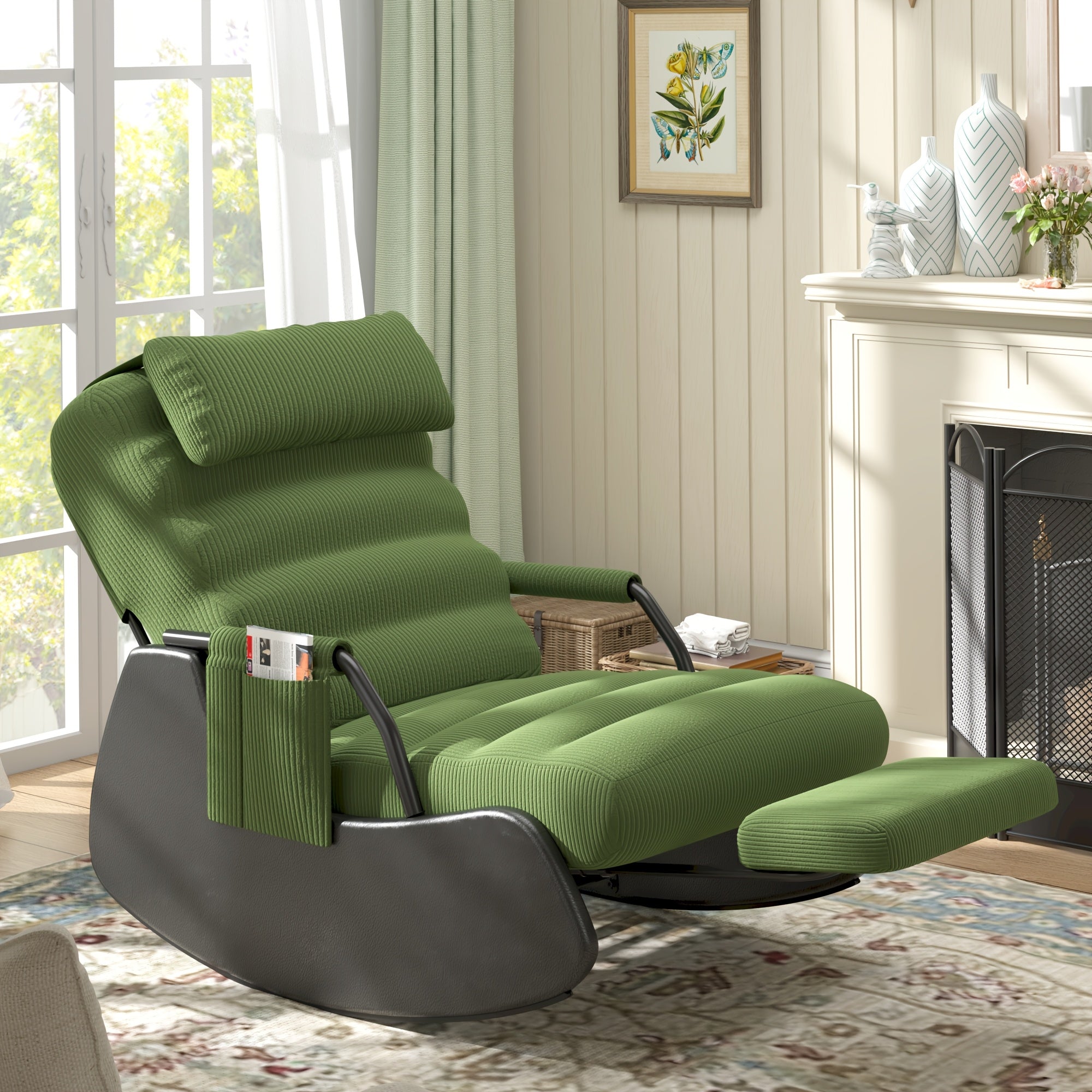 Nursery Glider Rocking Chair with Soft Cushioned Seat and Headrest, Corduroy Upholstery, Manual Rocker, Side Pocket – Dark Grey/Black