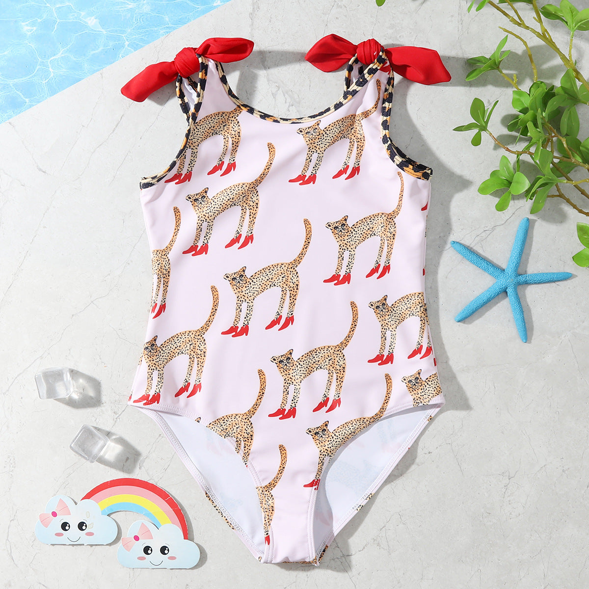 Girls' Stretchy Leopard Print One-Piece Swimsuit