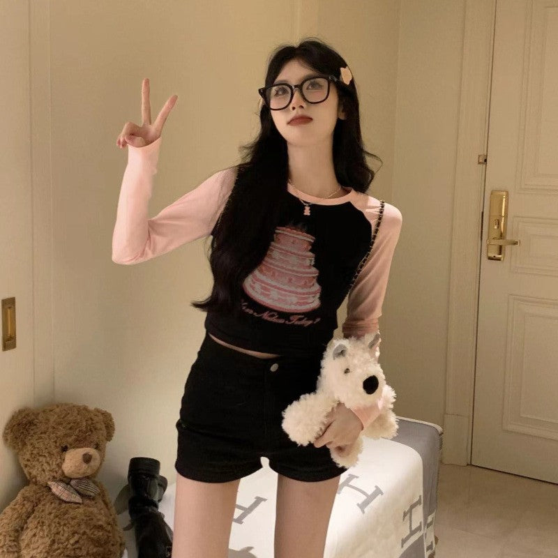 Chic Slim Fit Color Block Long-Sleeve Crop Tee