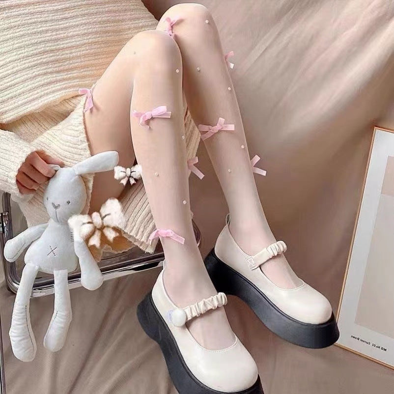 Bow Pearl White Stockings Lolita Leg Shaping Pantyhose