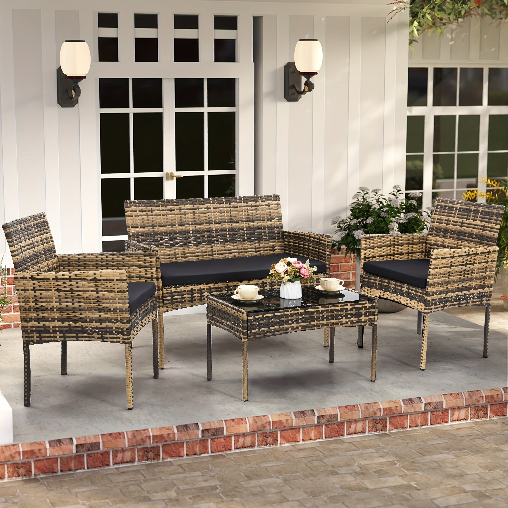 KROFEM 4pcs Wicker Bistro Furniture Set, Includes 2 Chairs with Water Resistant Cushions, Coffee Table, And Comfy Loveseat, Perfect for Any Outdoor Gathering