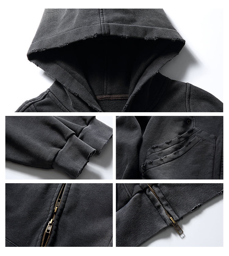 American Retro Washed Distressed Hooded Solid Color Hoodie