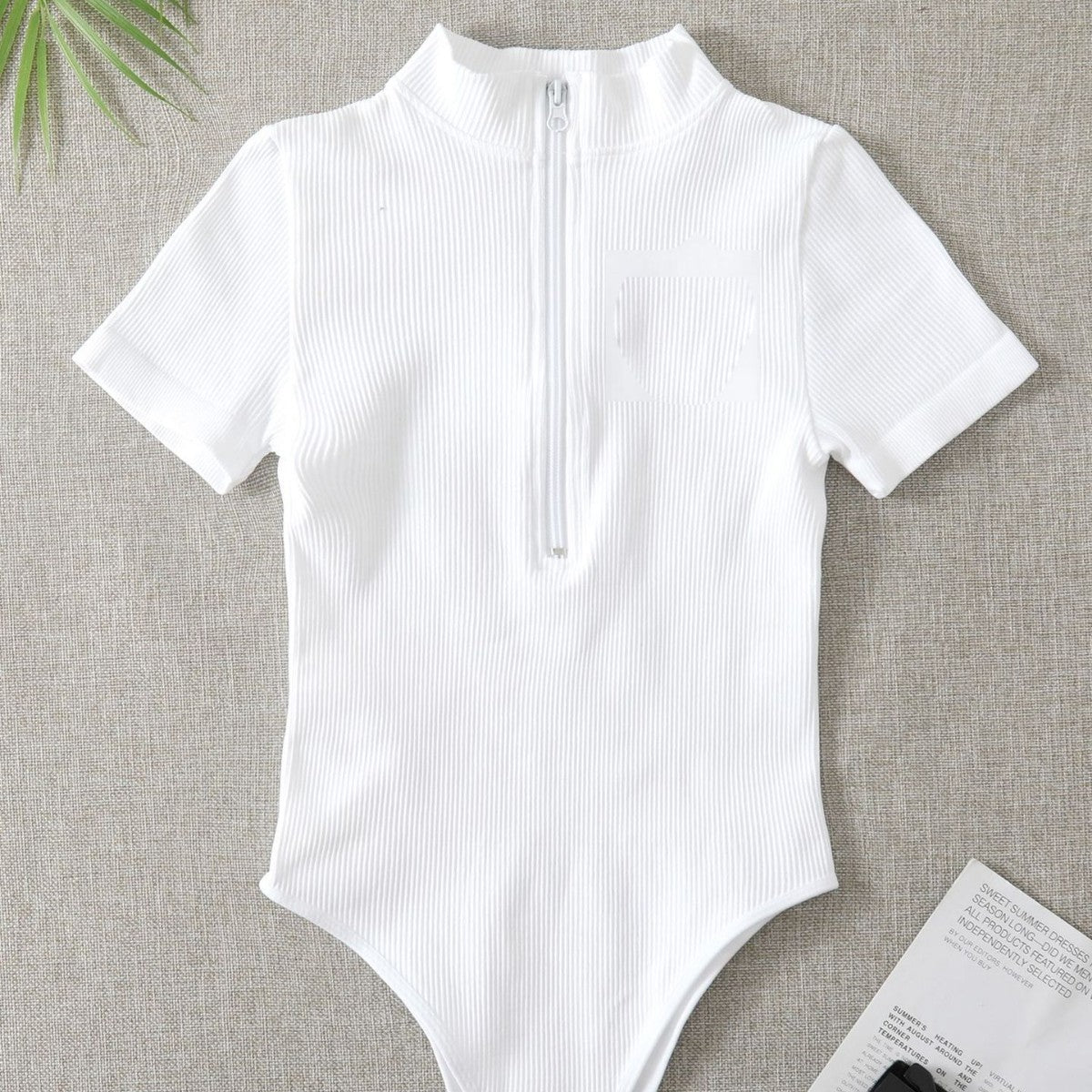 Ribbed Zip-Up Turtleneck Short Sleeve Bodysuit