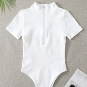 Ribbed Zip-Up Turtleneck Short Sleeve Bodysuit