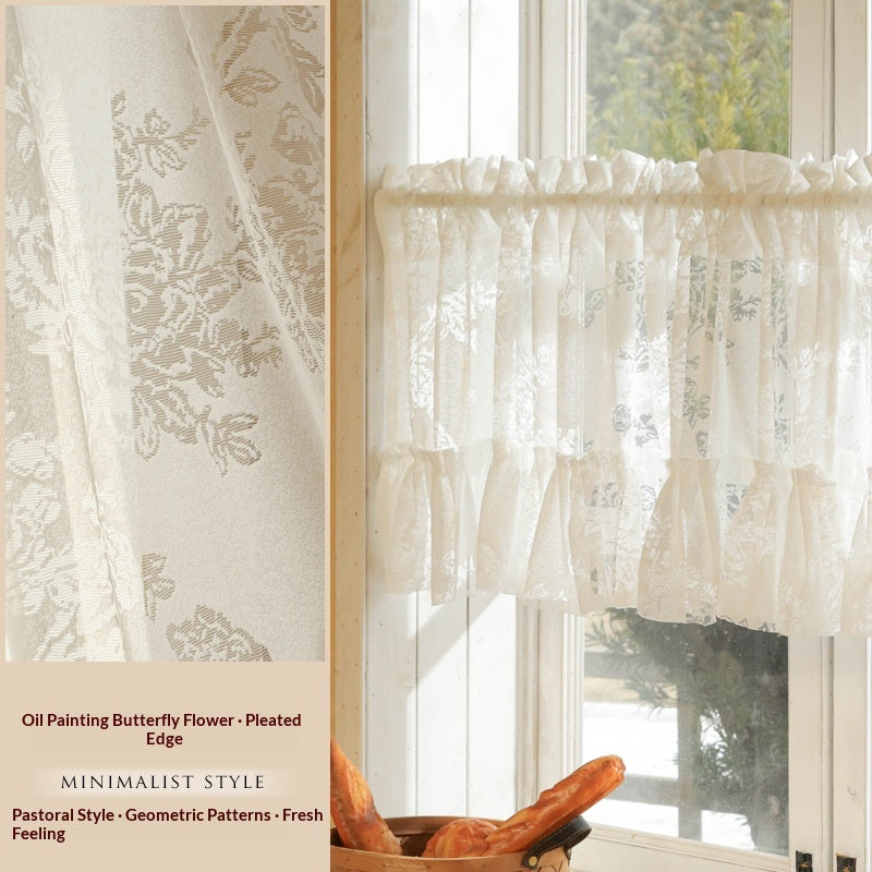 Sheer Gauze Girl Lace Trim Kitchen Curtain