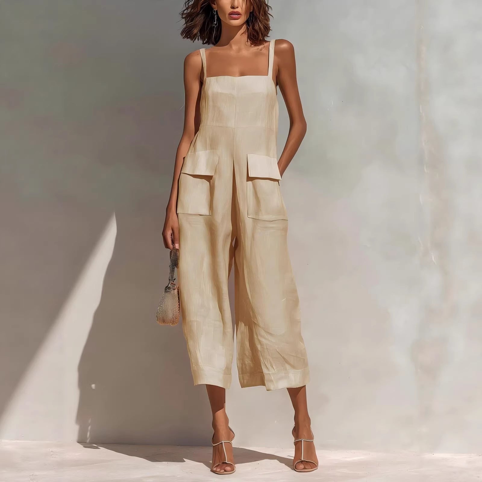 Women's Cotton-Linen Sleeveless Wide-Leg Jumpsuit